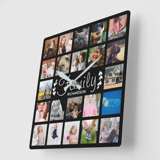 モダン22の家族写真のコラージュ及び名前 スクエア壁時計 (傾斜)