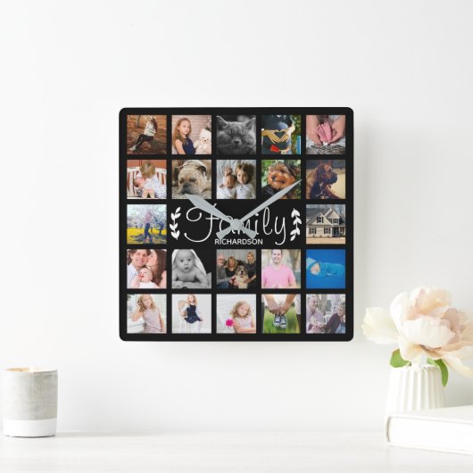 モダン22の家族写真のコラージュ及び名前 スクエア壁時計 (ホーム)