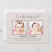 モダン3の写真の女の赤ちゃん手の教養があるフォントの誕生 案内状 (裏面)