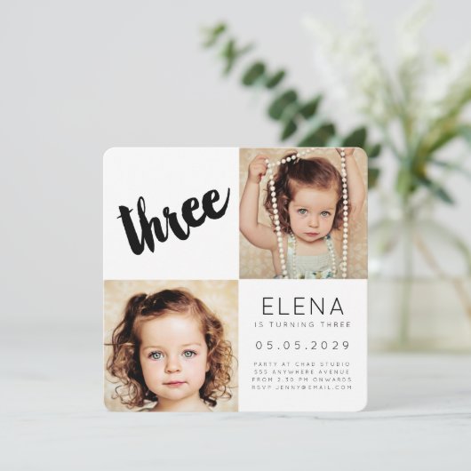 モダン3の第3誕生日の男の子の女の子の写真カード 招待状 (スタンド正面)