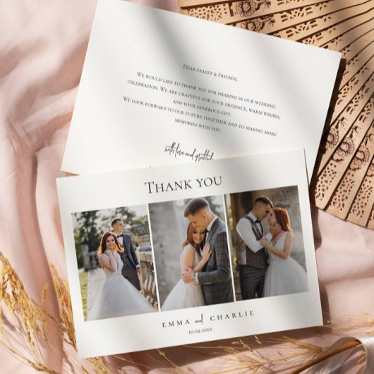 モダン3エレガント枚の写真のタイポグラフィのメ結婚ッセージ サンキューカード