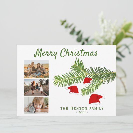モダン3フォトサンタハットパインメリークリスマス シーズンカード (スタンド正面)