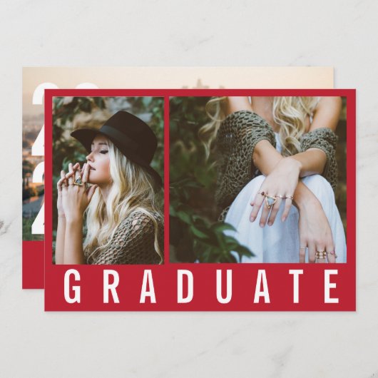 モダン3ミニマル枚の写真をシンプル卒業はっきりしたした赤 案内状 (正面/裏面)