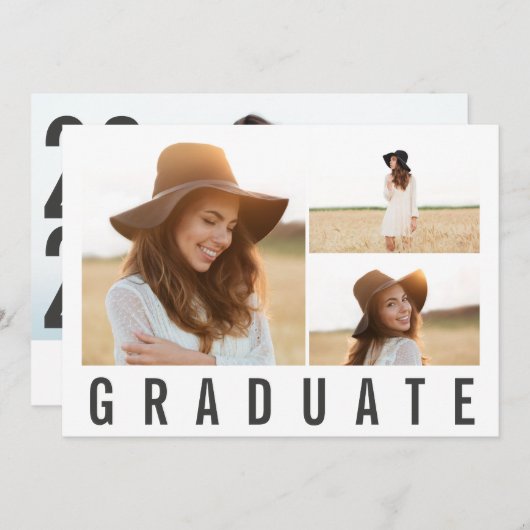 モダン3ミニマル枚の写真をシンプル卒業 案内状 (正面/裏面)