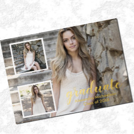 モダン3写真卒業 箔招待状ポストカード