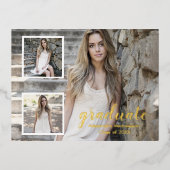 モダン3写真卒業 箔招待状ポストカード (正面)