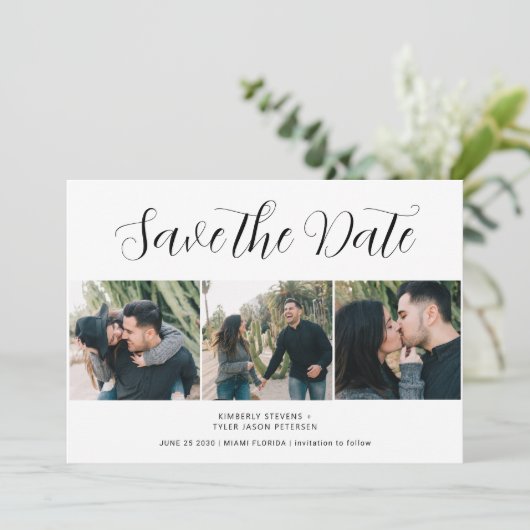 モダン3枚の写真シック結婚スクリプト セーブザデート (スタンド正面)