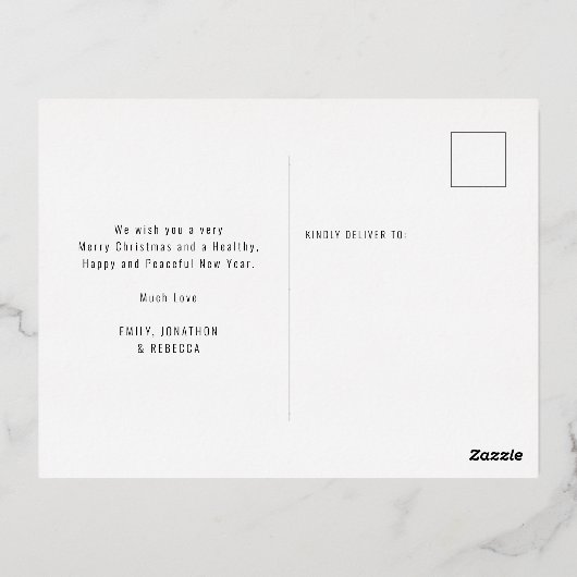 モダン3枚の写真メリークリスマス実在 箔シーズンポストカード (裏面)