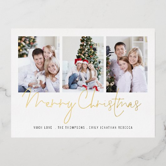 モダン3枚の写真メリークリスマス実在 箔シーズンポストカード (正面)