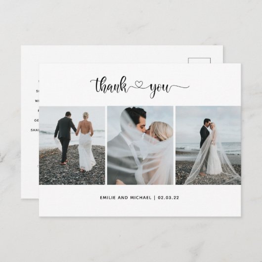 モダン3枚の写真結婚サンキューカード ポストカード (正面/裏面)