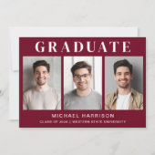 モダン3枚写真バーガンディー卒業のお知らせ 案内状 (正面)