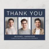 モダン3枚写真ブルー卒業お礼 ポストカード (正面)