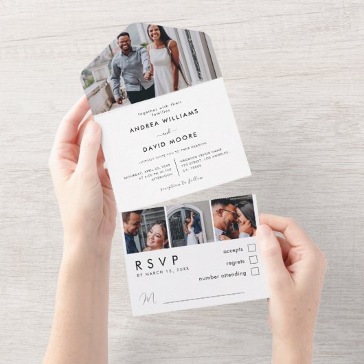 モダン4エレガントフォトコラージュのミニマル結婚リスト オールインワン招待状 (貼ってはがせる)