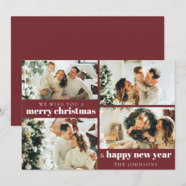 モダン4エレガント枚フォトクリスマスレッドホリデーカード シーズンカード