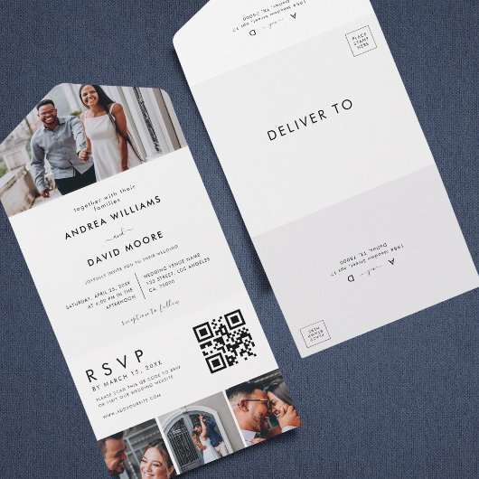 モダン4フォトコラージュタイポグラフィスタイリッシュ結婚の オールインワン招待状