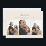 モダン4フォトコラージュ文字の書結婚跡 セーブザデート<br><div class="desc">4写真モダンの台本の書道結婚式の日付を保存。このカーエレガントドには、前面に3枚、背面に1枚の写真のコラージュが含まれており、文字と背景がカスタム付いている。 collage</div>