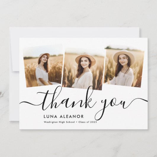 モダン4ミニマル枚フォトコラージスクリプトの卒業 サンキューカード (正面)