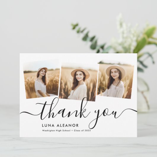 モダン4ミニマル枚フォトコラージスクリプトの卒業 サンキューカード (スタンド正面)