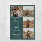 モダン4枚のエレガント写真結婚はスクリプトの濃い緑 招待状 (正面)