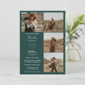 モダン4枚のエレガント写真結婚はスクリプトの濃い緑 招待状 (スタンド正面)