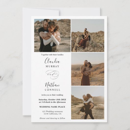 モダン4枚エレガントの写真の結婚白黒 招待状 (正面)