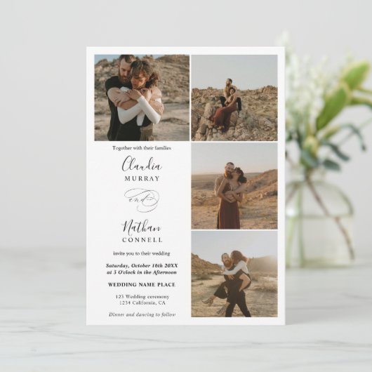 モダン4枚エレガントの写真の結婚白黒 招待状 (スタンド正面)