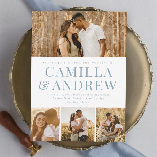 モダン4枚写真エレガントウェディング マグネット招待状