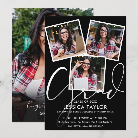 モダン4枚写真コラージュ 卒業パーティー 招待状 (正面/裏面)