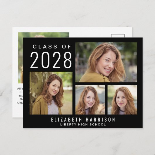 モダン5フォトブラック卒業 案内ポストカード (正面/裏面)