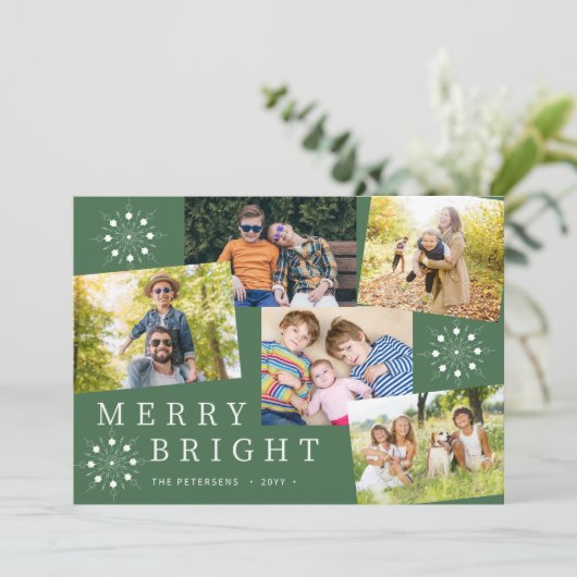 モダン5枚の写真コラージュ雪の結晶グリーンクリスマス シーズンカード (スタンド正面)