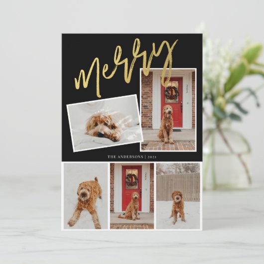 モダン5枚写真ゴールド メリー スクリプト フォト シーズンカード (スタンド正面)