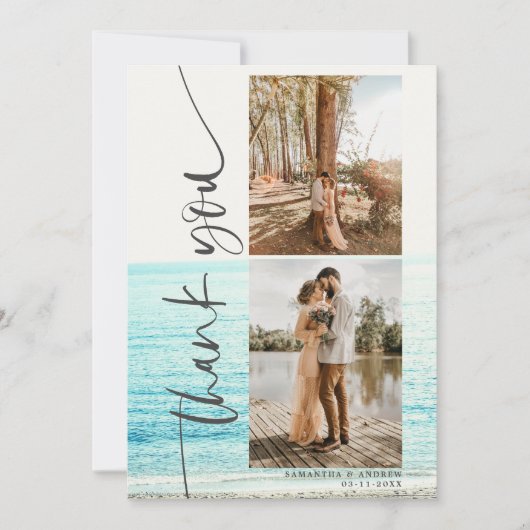 モダン5枚結婚の写真のビーチ感謝してい サンキューカード (正面)