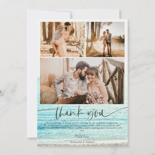 モダン5枚結婚の写真のビーチ感謝してい サンキューカード (裏面)