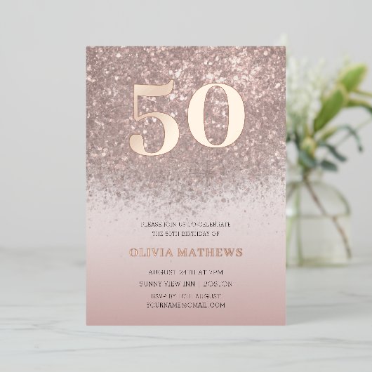 モダン5番目の誕生日バラ金ゴールド書道 箔招待状 (立ち正面)