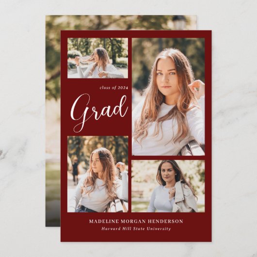 モダン5級写真コラージブルゴーニュ卒業 案内状 (正面/裏面)