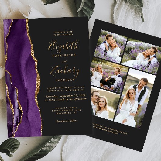 モダン5-Photo Purple金ゴールドアゲートダーク結婚ズ 招待状
