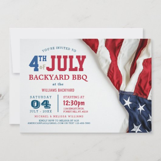 モダン7月4日バックヤードBBQ USA国旗 招待状 (正面)