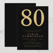 モダン80歳のブラックゴールド80歳の誕生日パーティー 招待状 (正面/裏面)