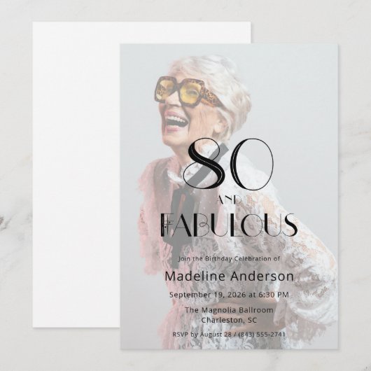 モダン80 & ファビュラス フォト 80歳の誕生日 招待状 (正面/裏面)