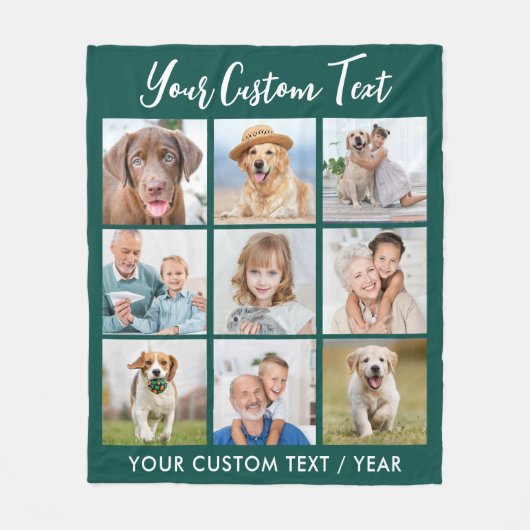 モダン9パーソナライズされたフォトコラージエメラルドグリーン フリースブランケット (正面)