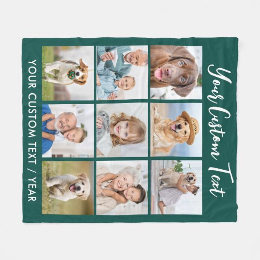 モダン9パーソナライズされたフォトコラージエメラルドグリーン フリースブランケット (正面(横))