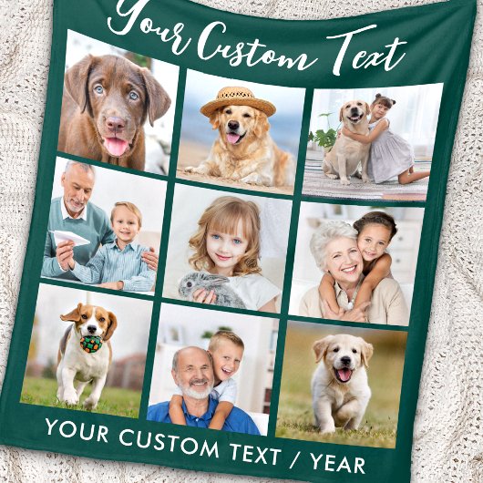 モダン9パーソナライズされたフォトコラージエメラルドグリーン フリースブランケット