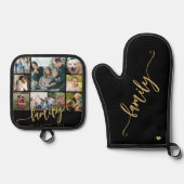 モダン9枚のフォトコラージュのファミリ金ゴールド黒 鍋つかみ&鍋敷きセット (正面)