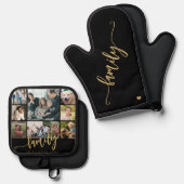 モダン9枚のフォトコラージュのファミリ金ゴールド黒 鍋つかみ&鍋敷きセット (正面/裏面)