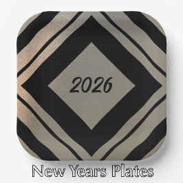 モダン おしゃれなメタル調 2026年 新年 パーティー ペーパープレート