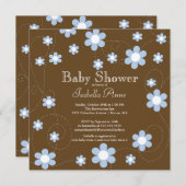 モダン&おもしろいブルー花フローラ赤ちゃんシャワー 招待状 (正面/裏面)