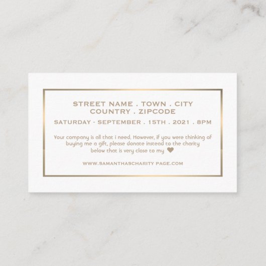 モダン/お洒落、ホワイトと金ゴールド、誕生日パーティーチケット エンクロージャーカード (裏面)