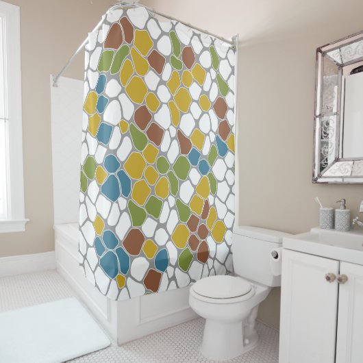 モダン，からし黄色，ティール（緑がかった色），緑，白 シャワーカーテン (インサイチュ)