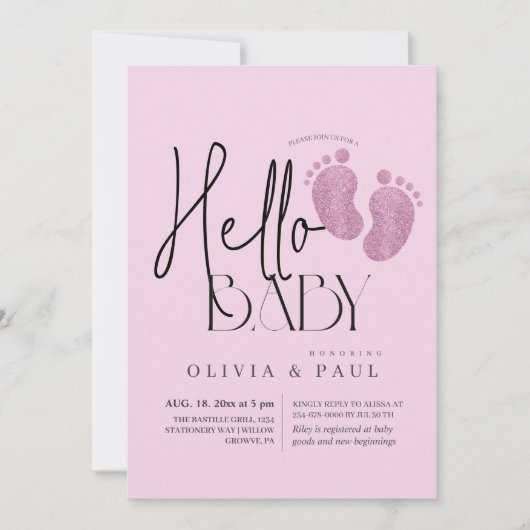 モダン&かわいい足グリッターベビーガールシャワー 招待状 (正面)