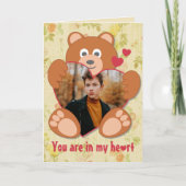 モダン かわいい黄色 テディベア ハート フォトフレーム カード (正面)